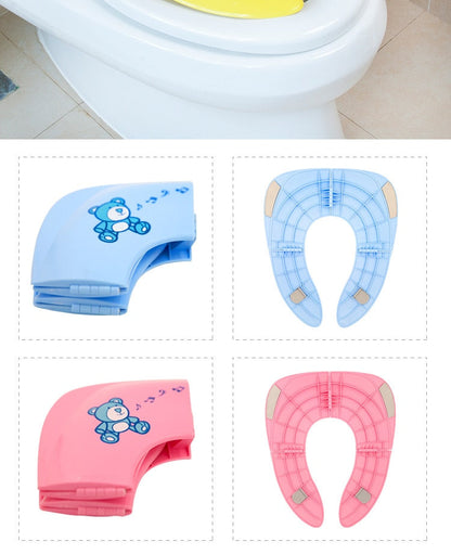 Foldable travel potty seat for toddler toilet training, shown folded