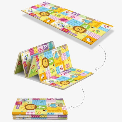 Portable nontoxic baby play mat, reversible with vibrant colors & cartoon animals for kids' playtime