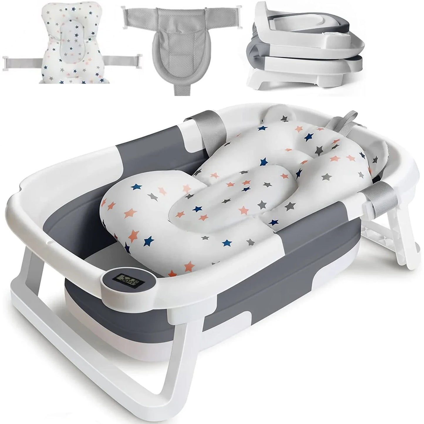 Foldable smart baby bathtub with digital temperature display, white plastic, space saving design for infants