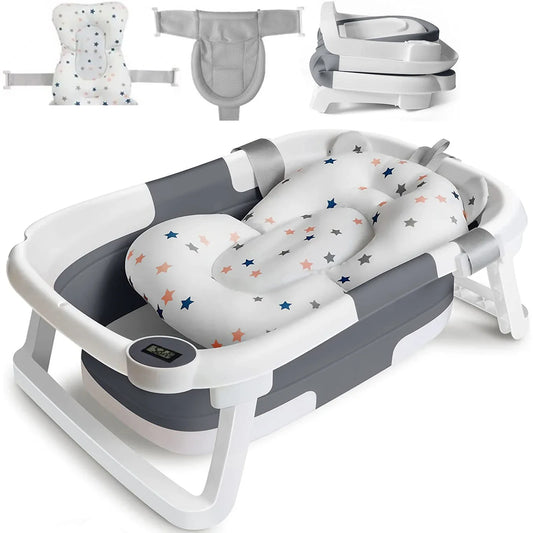 Foldable smart baby bathtub with digital temperature display, white plastic, space saving design for infants