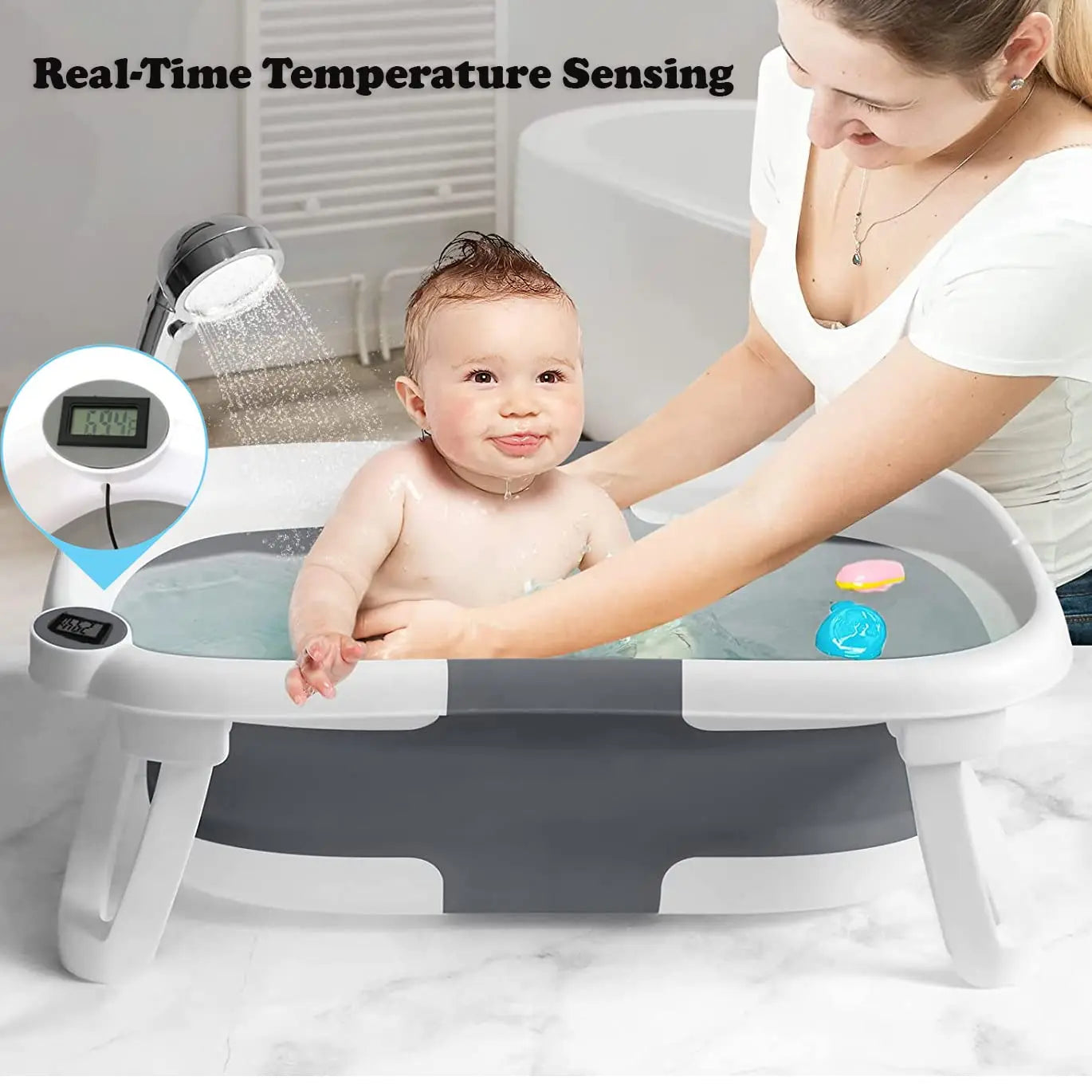 Newborn foldable bathtub with real-time water temperature display, blue accents, for safe baby bathing
