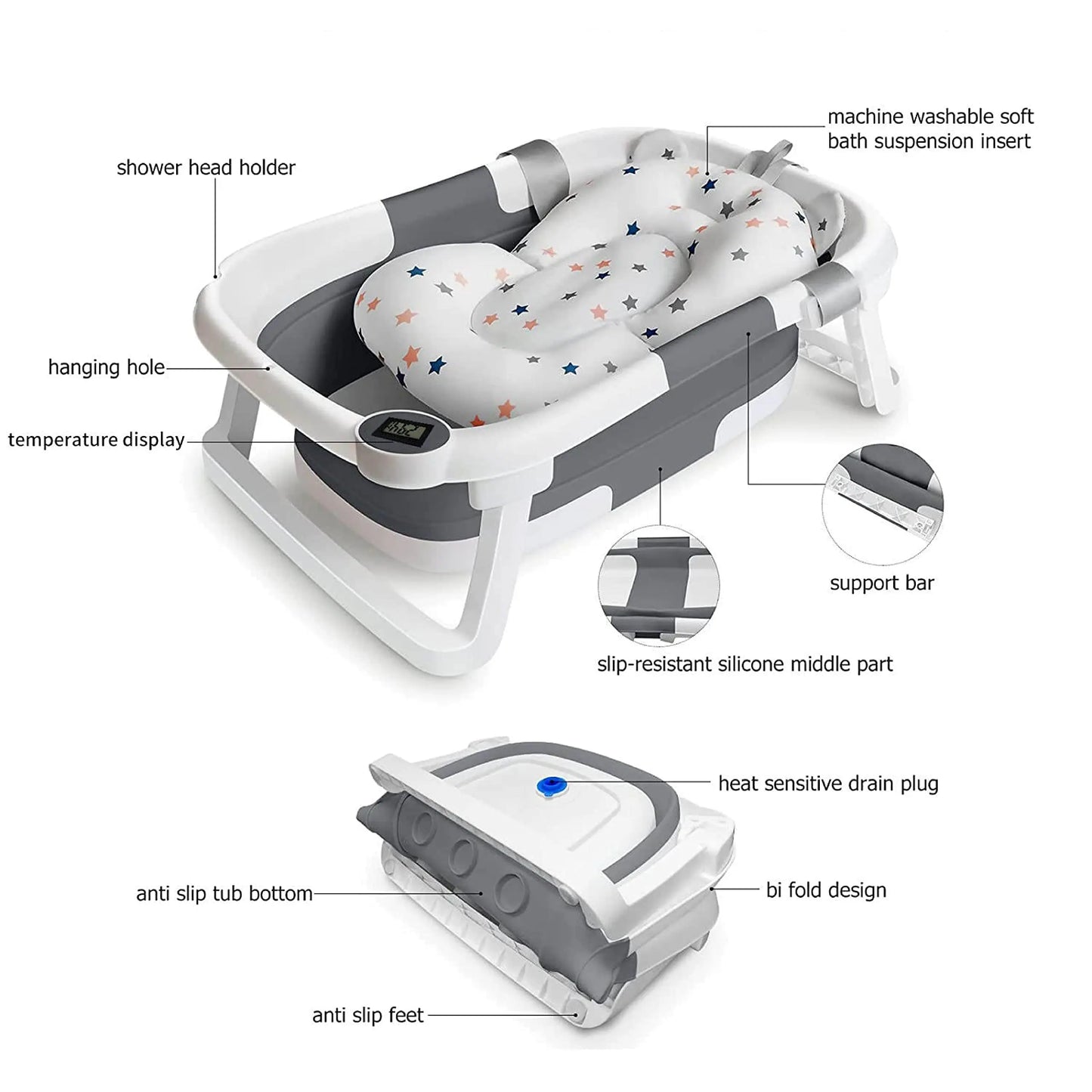 Portable infant tub, smart foldable design, integrated thermometer, ideal for small spaces and travel