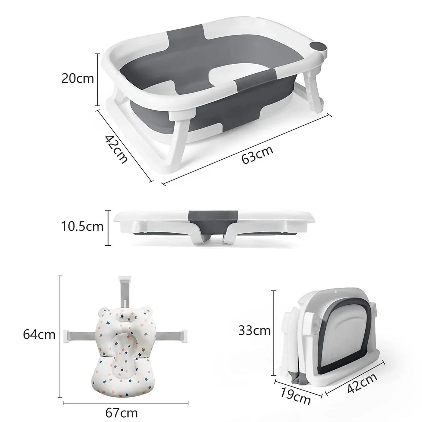 Folded smart baby bathtub lying flat, demonstrating its space-saving design and portability for storage