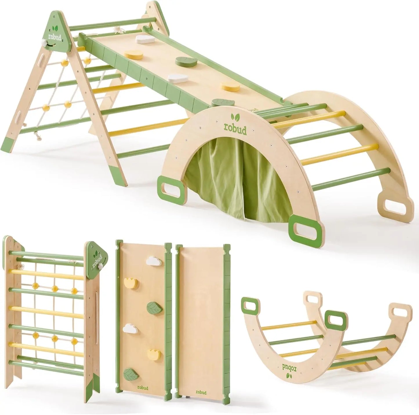 Foldable wooden climbing set for toddlers, 7-in-1 indoor play gym with slide