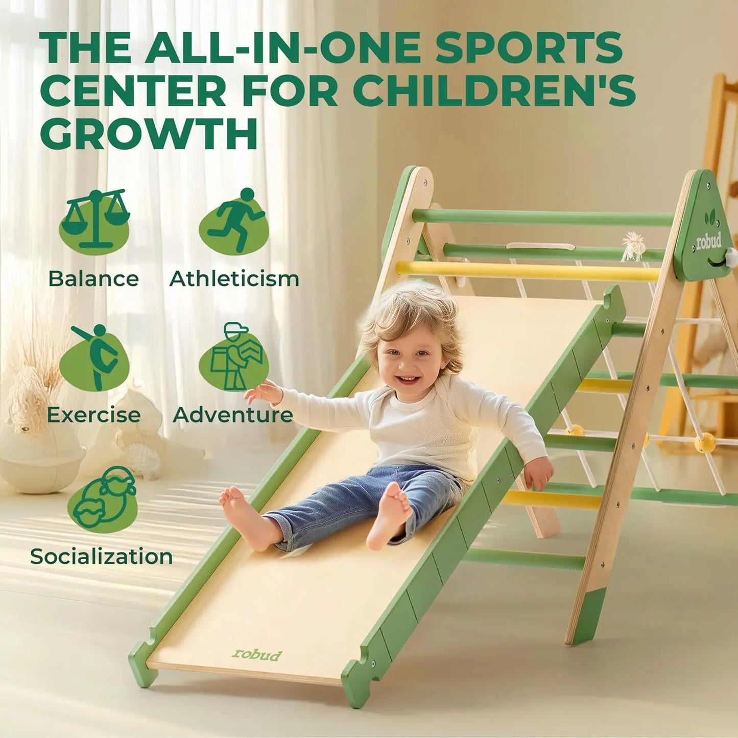 Kids indoor climbing set, natural wood foldable play equipment for active toddlers