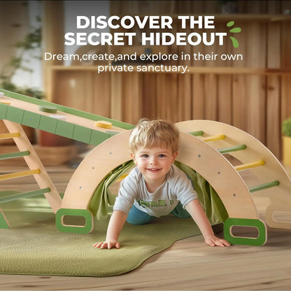 Montessori wooden climbing triangle and slide, enhancing gross motor skills in toddlers