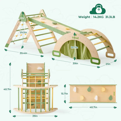 Safe indoor wooden play gym for toddlers, 7-in-1 foldable climbing set with natural wood finish