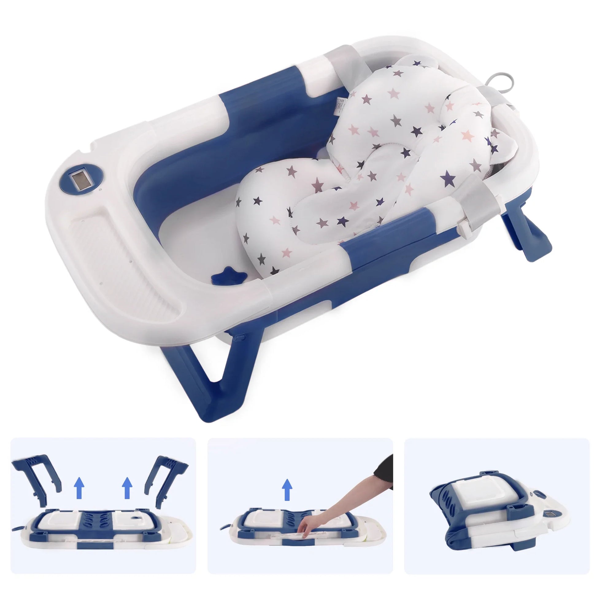 Folding baby bathtub with digital thermometer & spine protection for safe infant bathing
