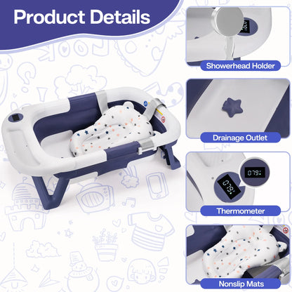 Portable folding baby bath tub for newborns & toddlers, featuring built-in thermometer