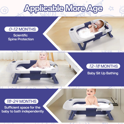 Compact folding baby bathtub with ergonomic spine support, ideal for safe baby bathing