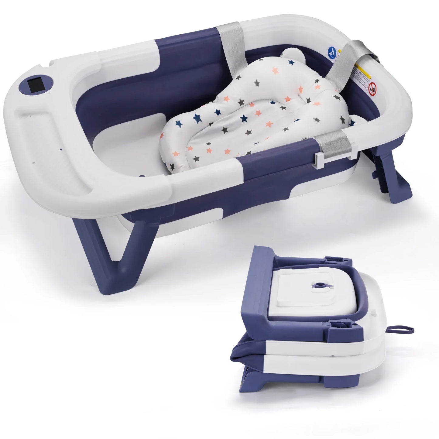 Space-saving folding baby bathtub with spine protection, perfect for newborn bathing
