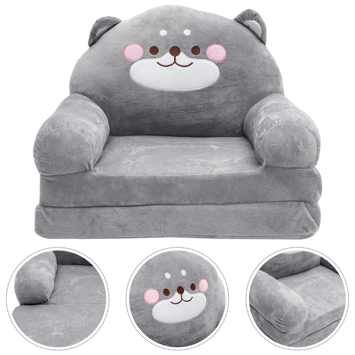 Grey elephant-shaped children's furniture, a soft and foldable toddler seat for playrooms