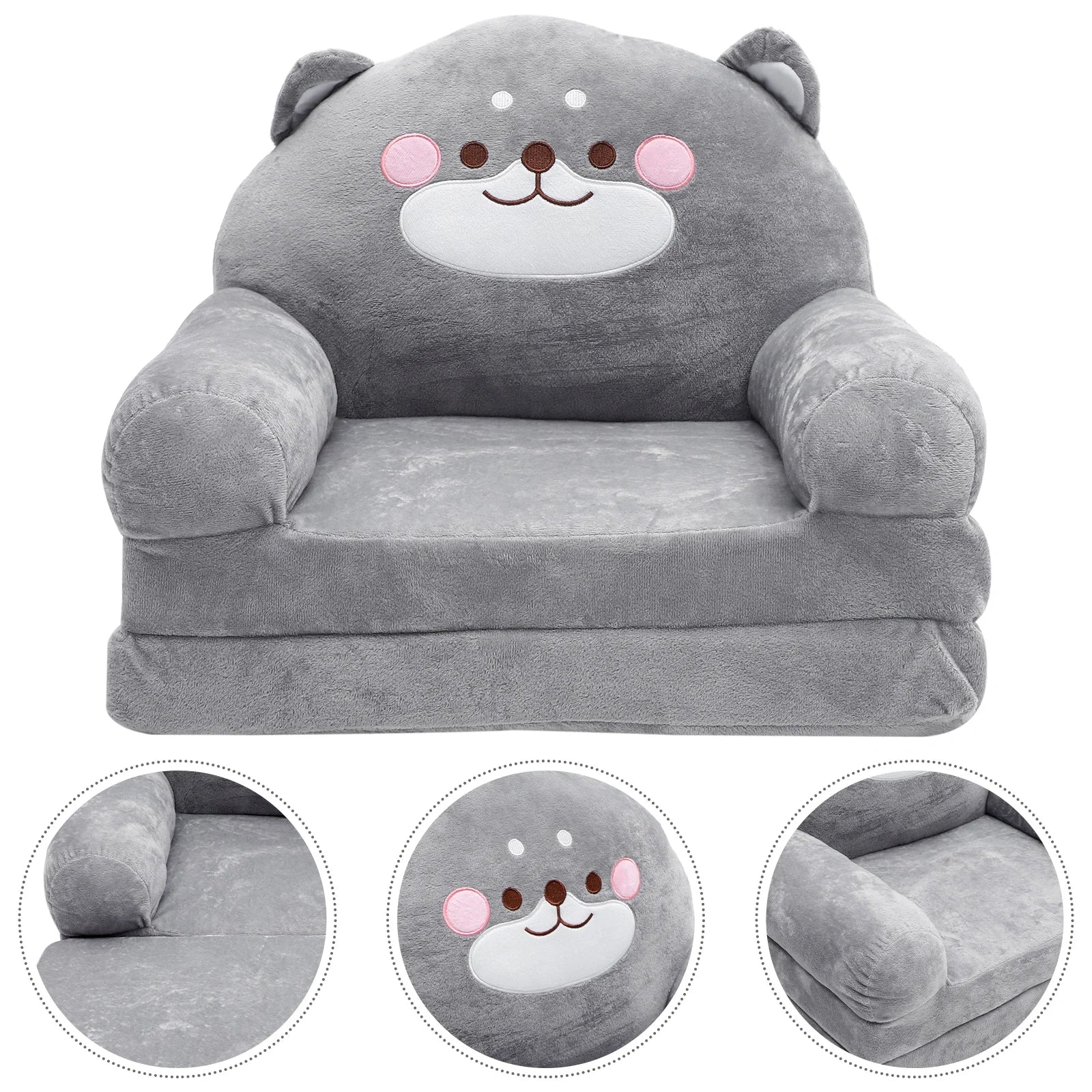 Grey elephant-shaped children's furniture, a soft and foldable toddler seat for playrooms
