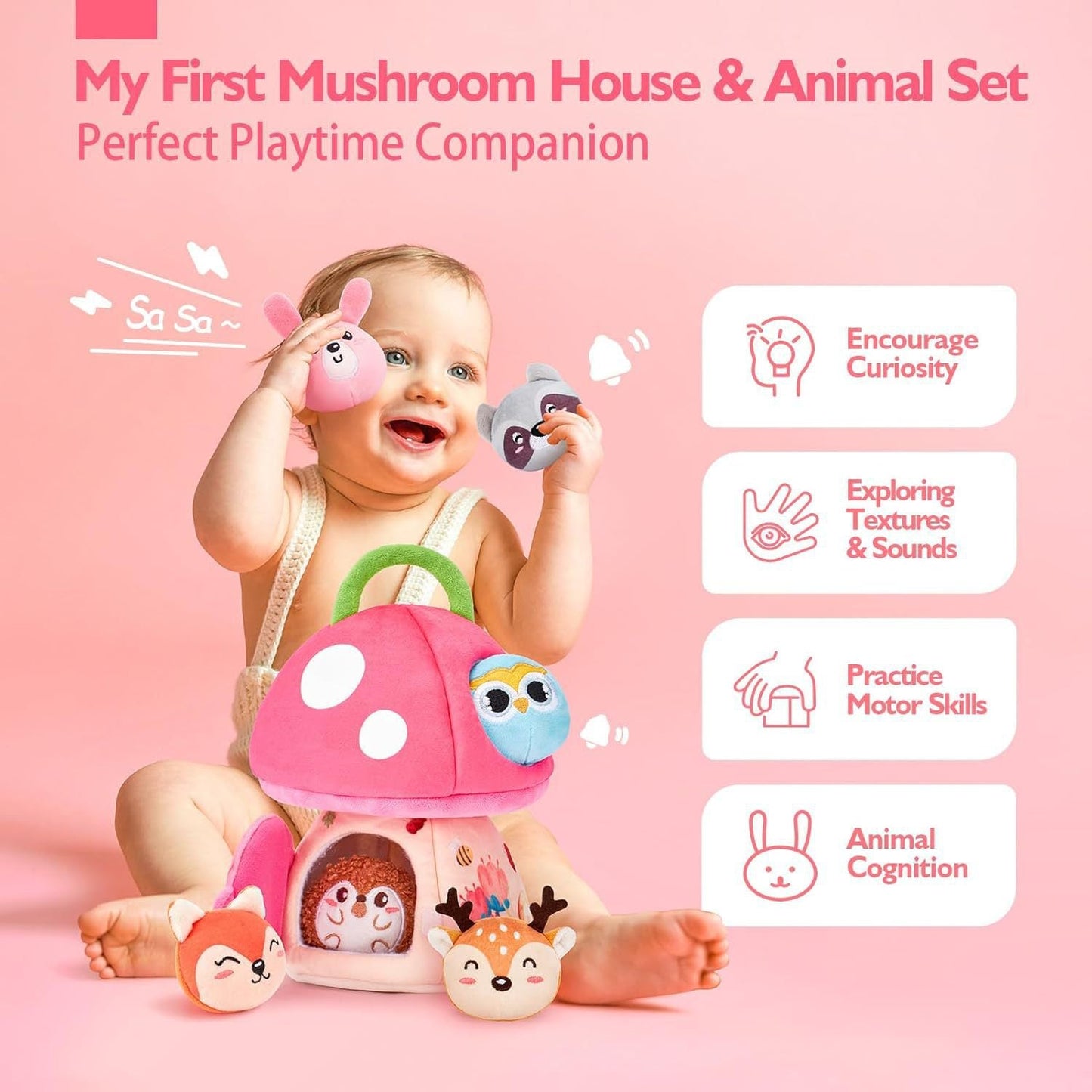 Plush forest sensory toy, comforting and soft, for activity and sensory stimulation