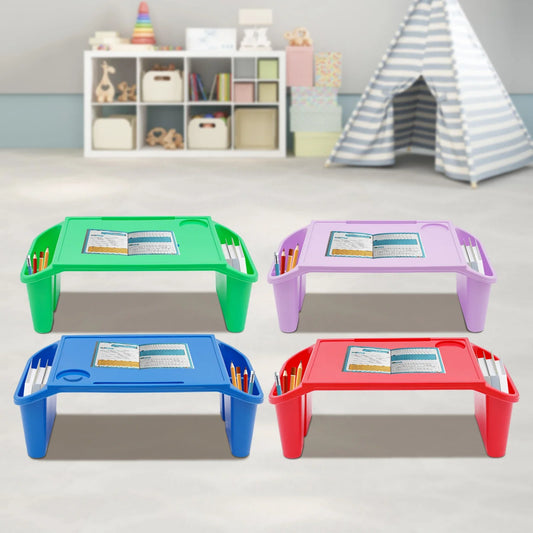 Four colorful kids lap desks, perfect for studying, play, or snacks; child-safe plastic.