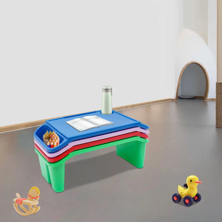 Colorful children's lap desks functioning as portable tables for snacks, crafts, or study.