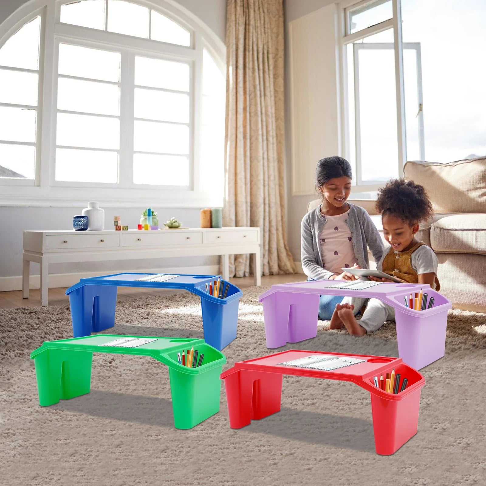 Child safe, no-assembly kids snack tray in bright colors for playtime or study.