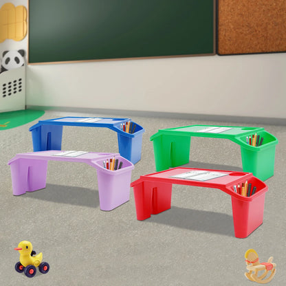Kids activity table set of 4: blue, green, pink, and yellow portable lap desks with storage.