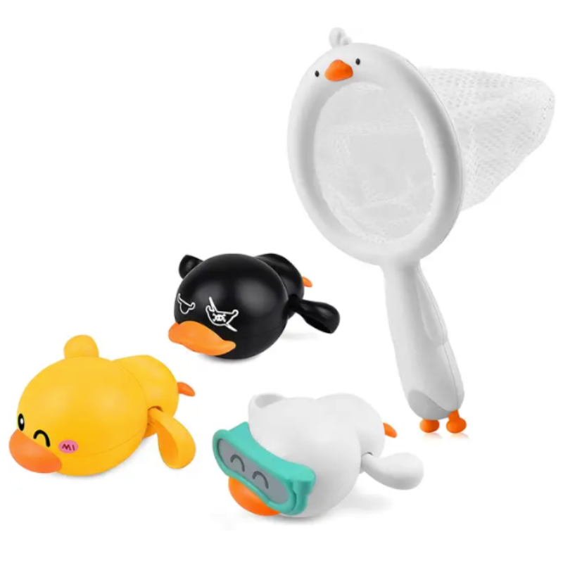 Set of assorted wind-up duck bath toys in bright colors, perfect for stimulating educational water play for kids.