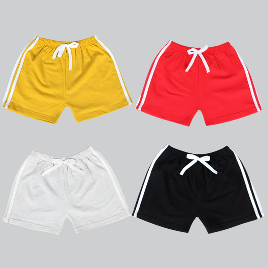 Four-pack of colorful kids' polyester summer play shorts for boys and girls, ideal for casual wear.