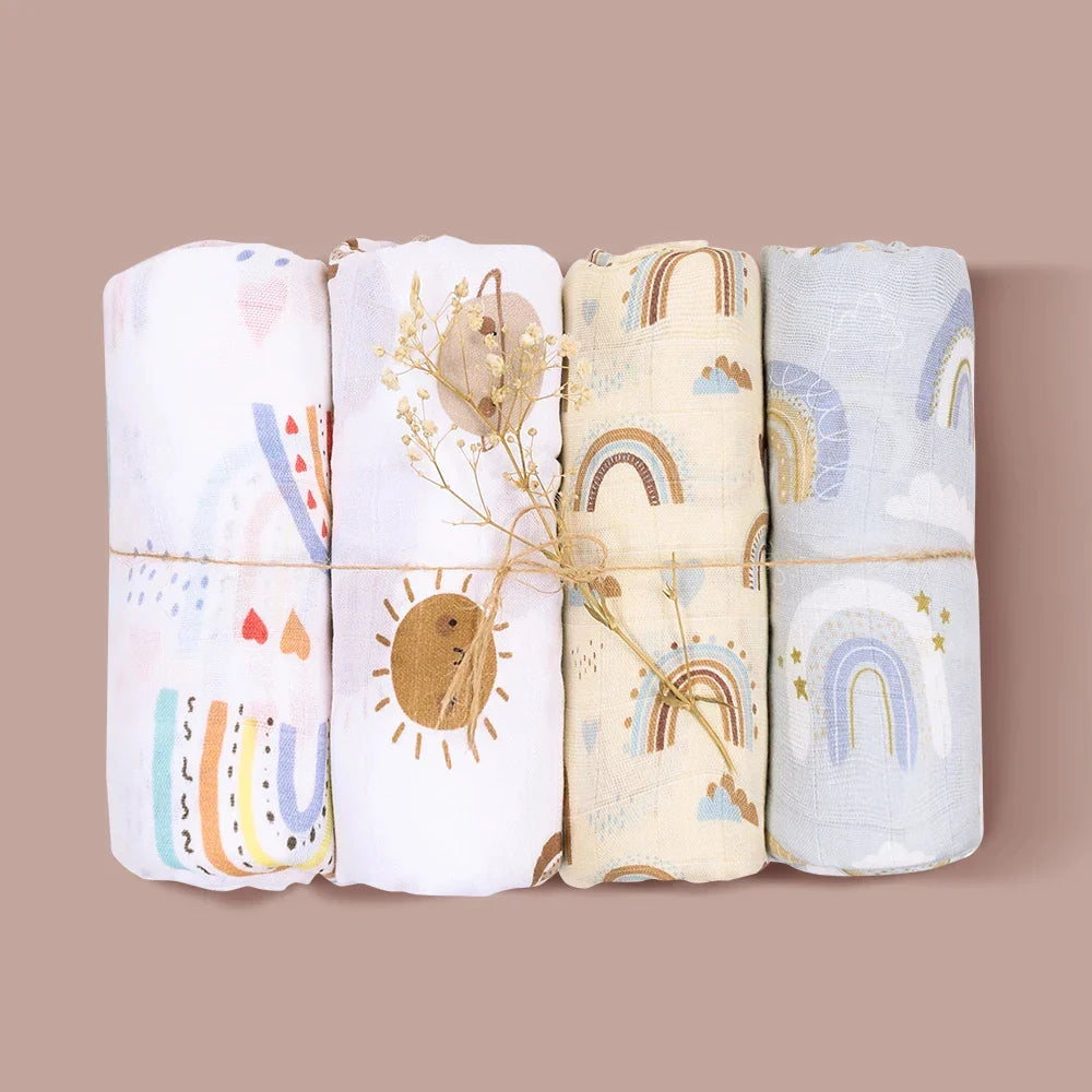 A hand gently touching the soft texture of a bamboo cotton muslin swaddle, baby comfort