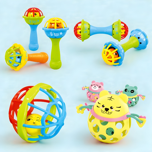 Four-pack sensory rattle teething toys for baby motor skills development, 0-3 years.