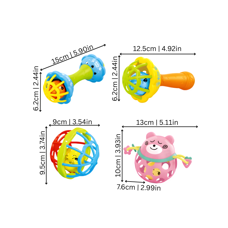 Infant developmental musical rattles and teethers set, vibrant colors, for babies.