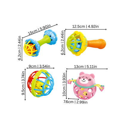 Infant developmental musical rattles and teethers set, vibrant colors, for babies.