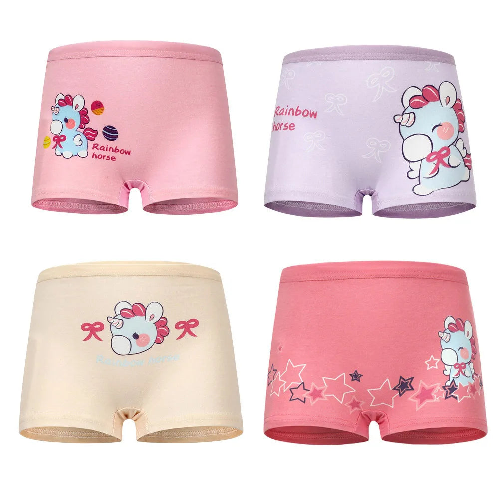 Four pairs of girls' unicorn cotton panties, soft and breathable kids' underwear for toddlers.