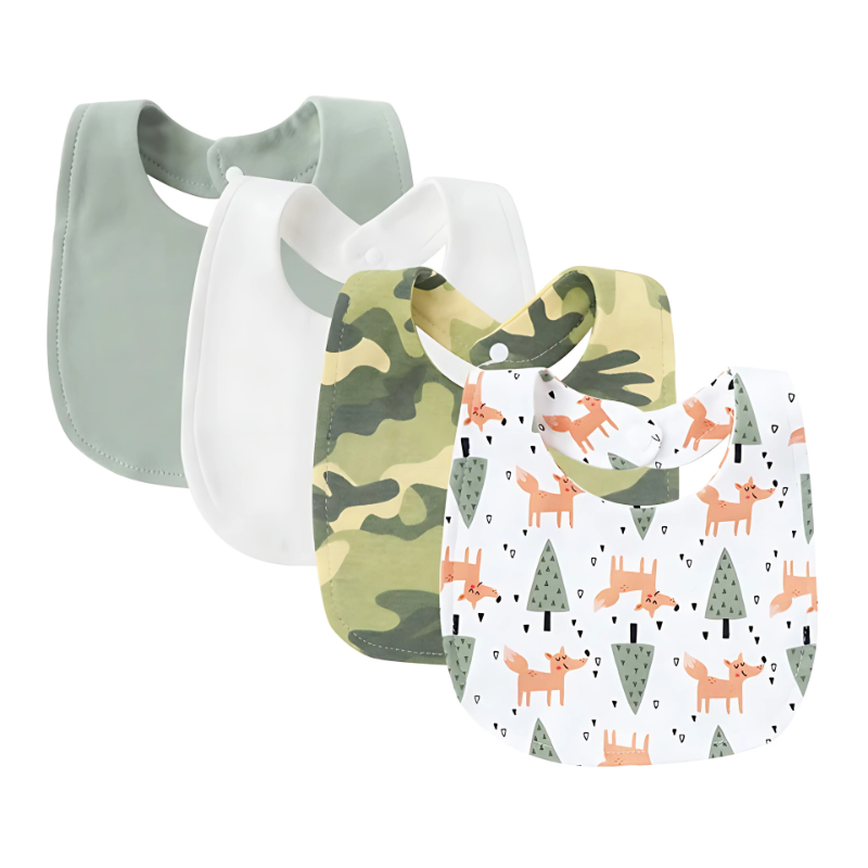 Gift-ready 4-pack of baby drool bibs, soft and absorbent with charming cartoon illustrations
