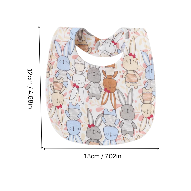Close-up of a baby drool bib from a 4-pack, showcasing its soft cotton fabric and vibrant print