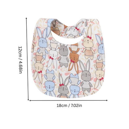 Close-up of a baby drool bib from a 4-pack, showcasing its soft cotton fabric and vibrant print