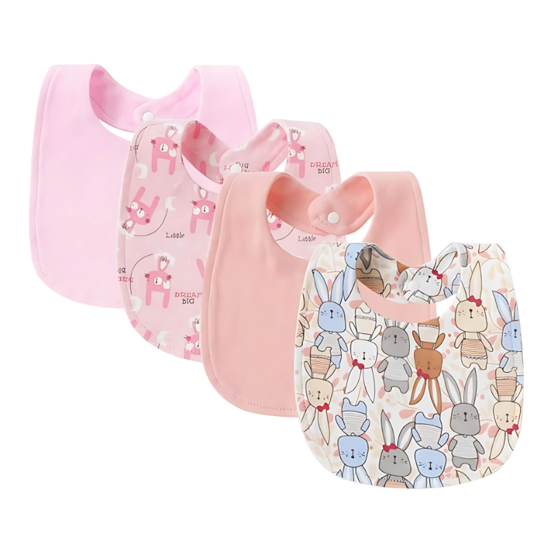 Cartoon-themed baby drool bibs (4-pack) for newborns, essential baby accessories for feeding