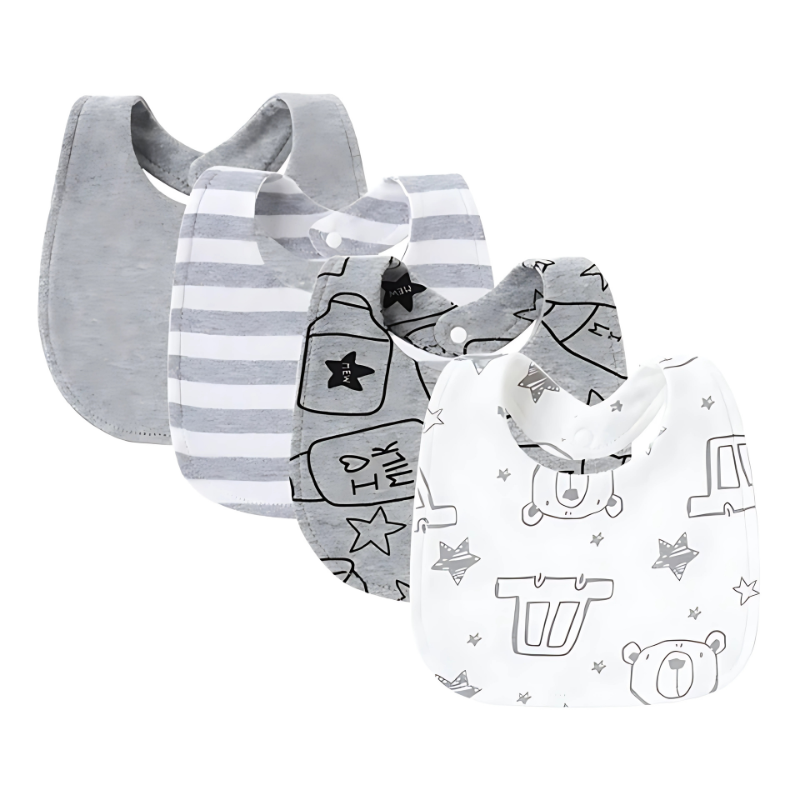Soft and absorbent baby drool bib set (4-pack) with different animal prints, a great baby shower gift