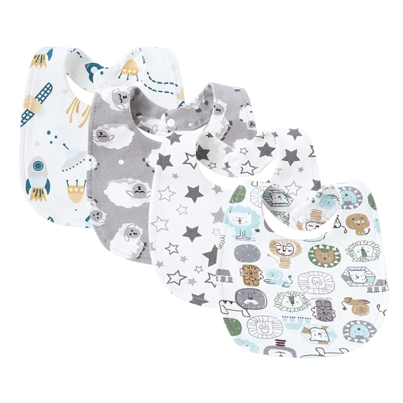 Four baby bibs for drooling and feeding, featuring various fun cartoon designs and soft cotton