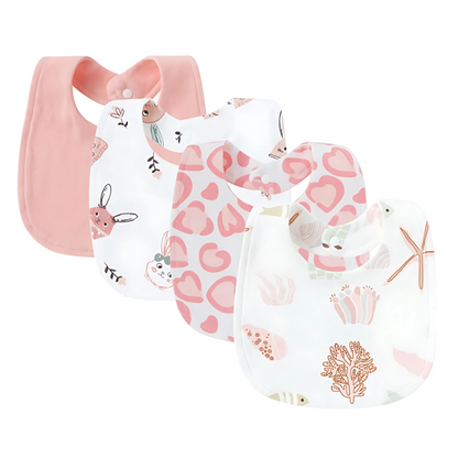 Newborn essentials: a 4-pack of soft cotton baby drool bibs with adjustable snaps and cute prints