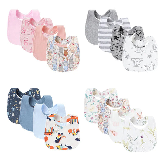 Four soft cotton newborn baby bibs for boys and girls, featuring diverse designs for infant feeding and drooling.