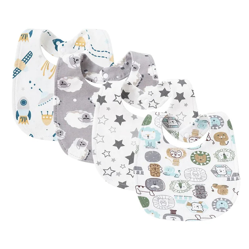 Cartoon-themed cotton baby bibs, four-piece set, offering adorable and practical infant wear.