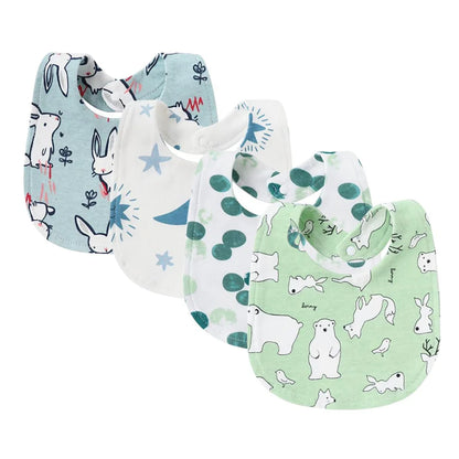 High-quality cotton baby bibs, four-count, featuring gentle fabric and secure fit for active infants.