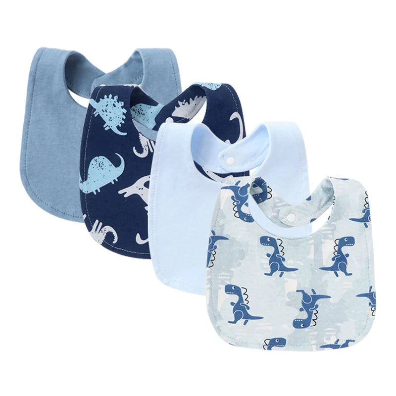Four-pack of absorbent cotton baby bibs, perfect for toddlers and newborns, in various fun designs.