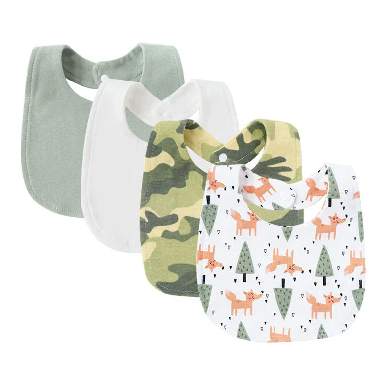Collection of four versatile cotton burp cloths that double as baby bibs, a great baby gift.