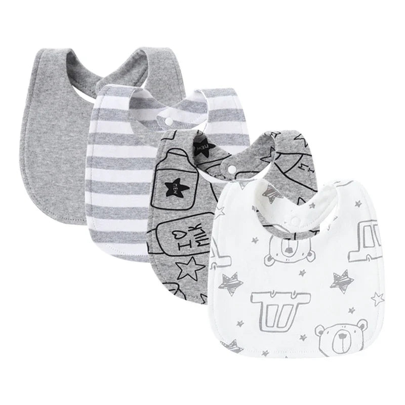 Unisex baby accessories: four cotton bibs in assorted colors and patterns for daily use.