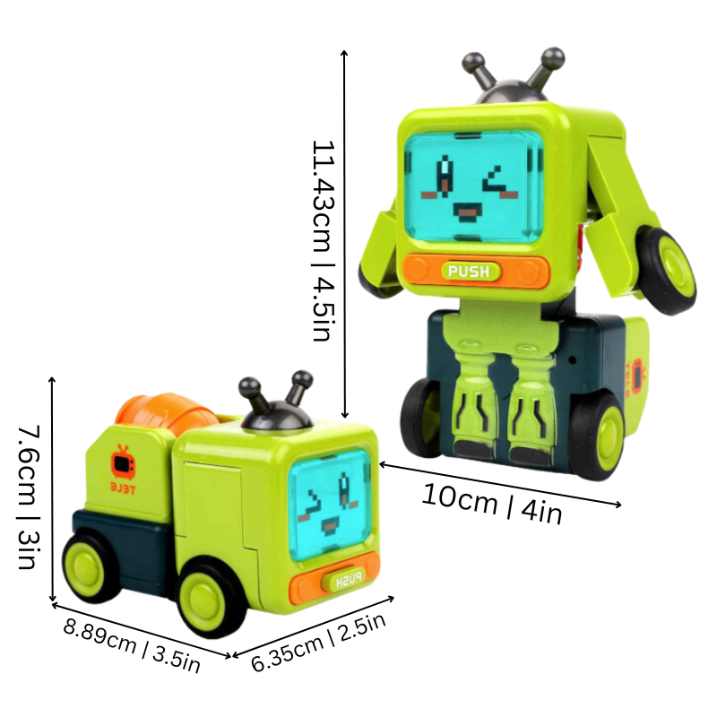Kids' transforming robot action figures in a 4-pack, promoting imaginative collision games