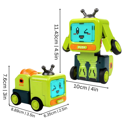 Kids' transforming robot action figures in a 4-pack, promoting imaginative collision games