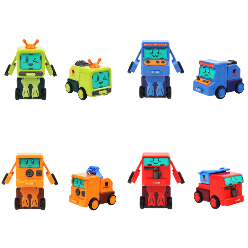 Detailed close-up of a colorful robot toy from the 4-pack, ready for transforming battle