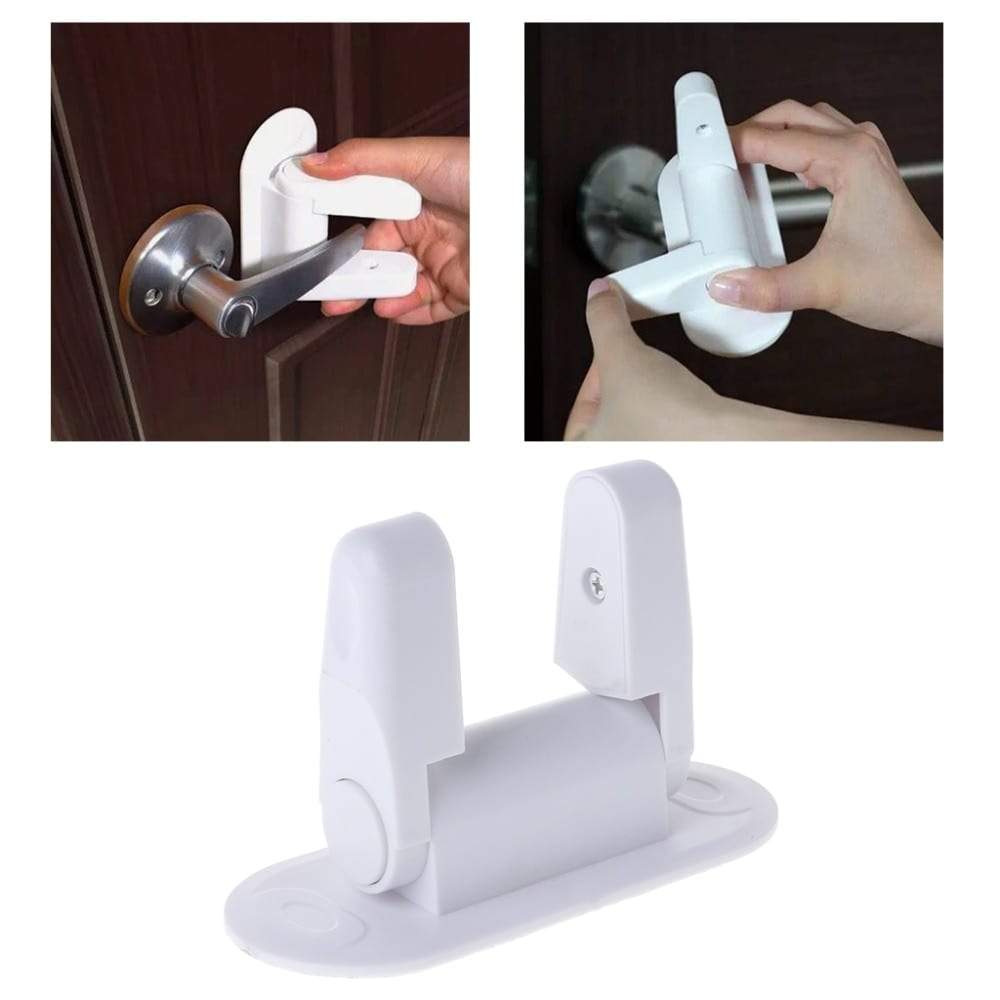 Four white child safety door lever locks for baby proofing home, easy install