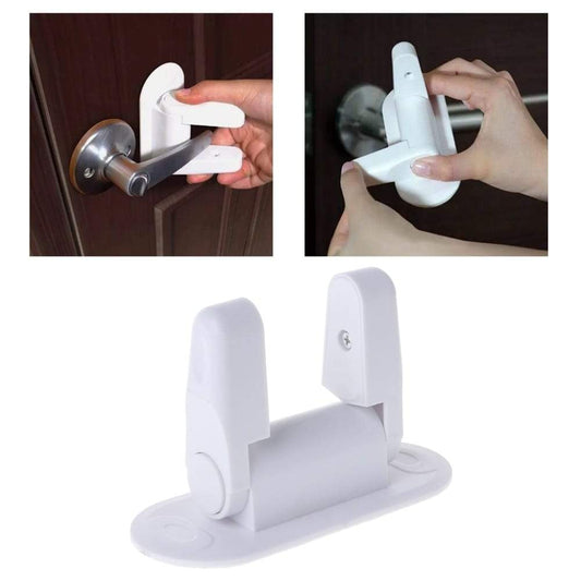 Four white child safety door lever locks for baby proofing home, easy install