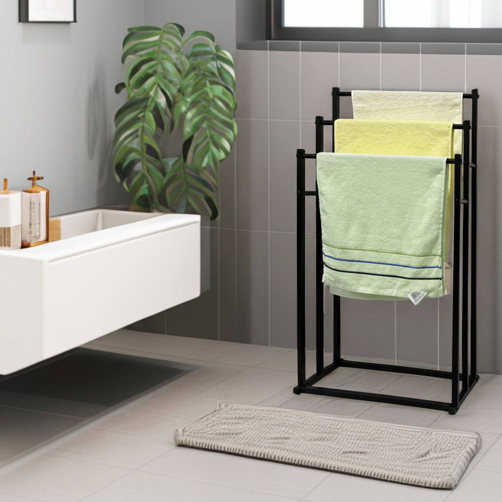Freestanding steel towel rack for bathroom, perfect for organizing towels & maximizing space.