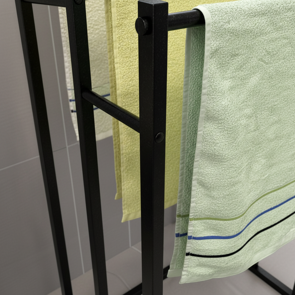Space-saving freestanding towel rack, steel construction for neat bathroom organization & easy access.