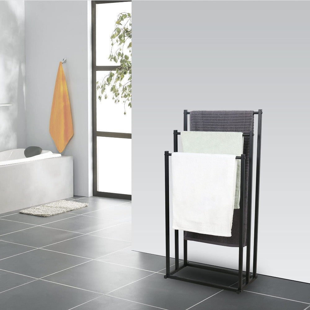 Durable steel towel rack, freestanding for modern bathroom storage and efficient towel display.